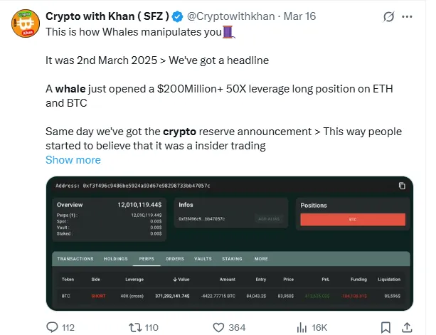 Whale activity and market manipulation